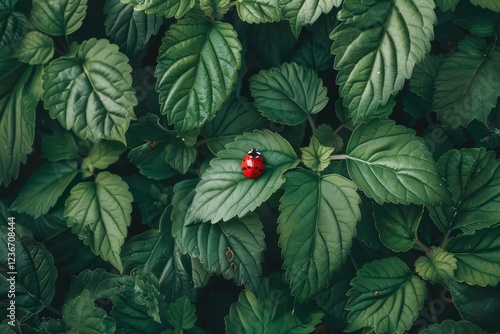 Ladybug sits on a leaf in a dense patch of green foliage, creating a striking contrast