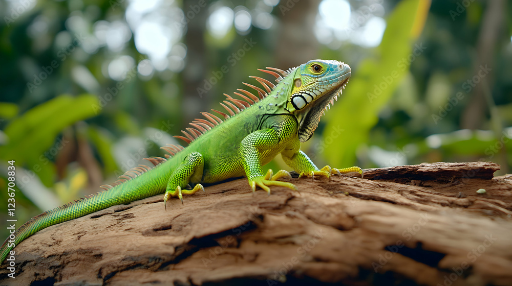Green iguana perched on wood, tropical rainforest background, wildlife photography, ideal for nature documentaries Green iguana perched on wood, tropical rainforest background, wildlife photography, ideal for nature documentaries