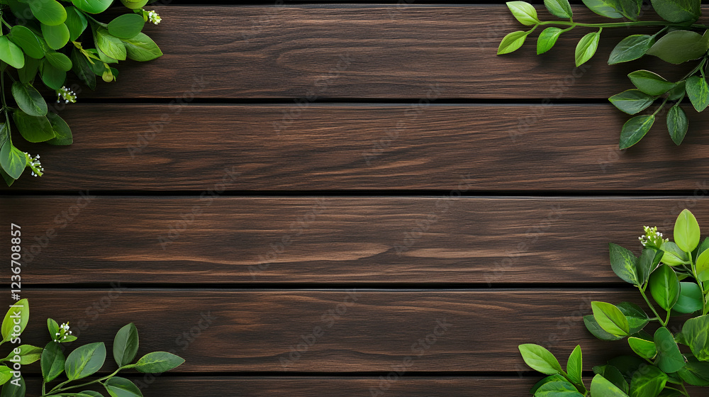 Green leaves frame on dark wood background; nature, design, texture, template Green leaves frame on dark wood background; nature, design, texture, template