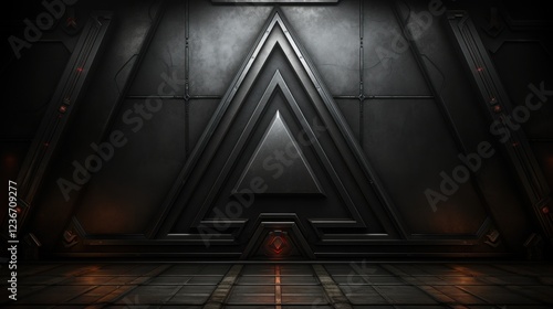 Futuristic Dark Metal Room: Geometric Design, Sci-Fi Atmosphere