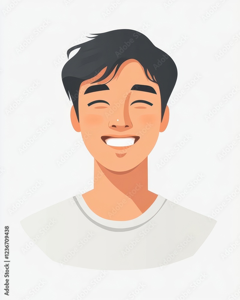 Smiling Young Korean Man Illustration with Happy Expressions on Plain Background Smiling Young Korean Man Illustration with Happy Expressions on Plain Background