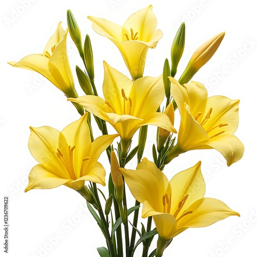 Vibrant yellow freesia stem with multiple blossoms, creating a cheerful and elegant floral display against a clean white backdrop photo