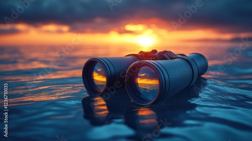 Binoculars on Water at Sunset; Exploring Horizon photo