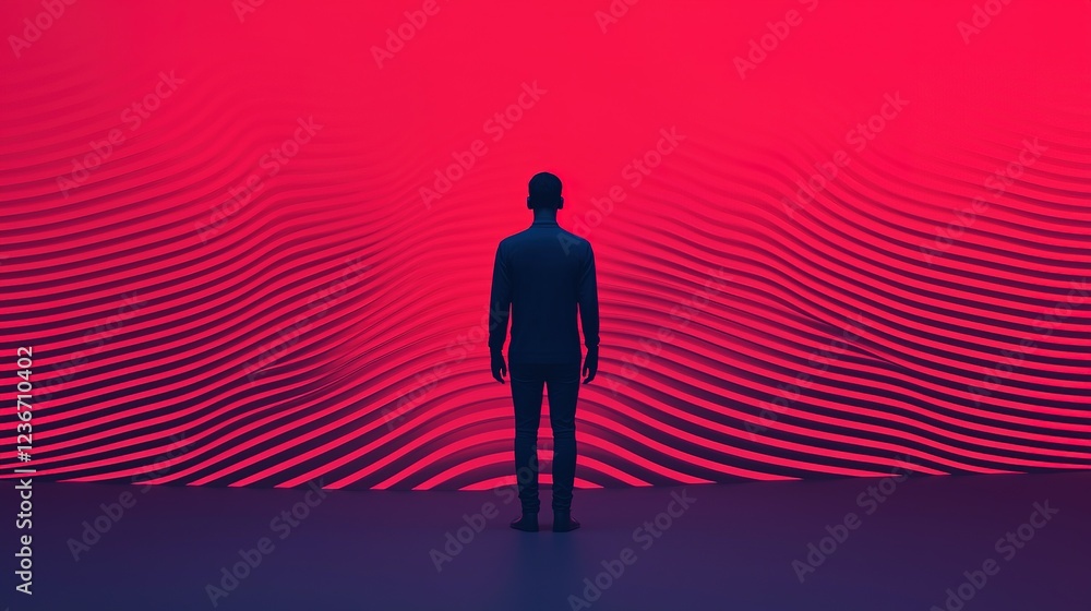 A silhouetted figure stands before a vibrant red backdrop, featuring wavy patterns that evoke a sense of depth and intrigue. A silhouetted figure stands before a vibrant red backdrop, featuring wavy patterns that evoke a sense of depth and intrigue.