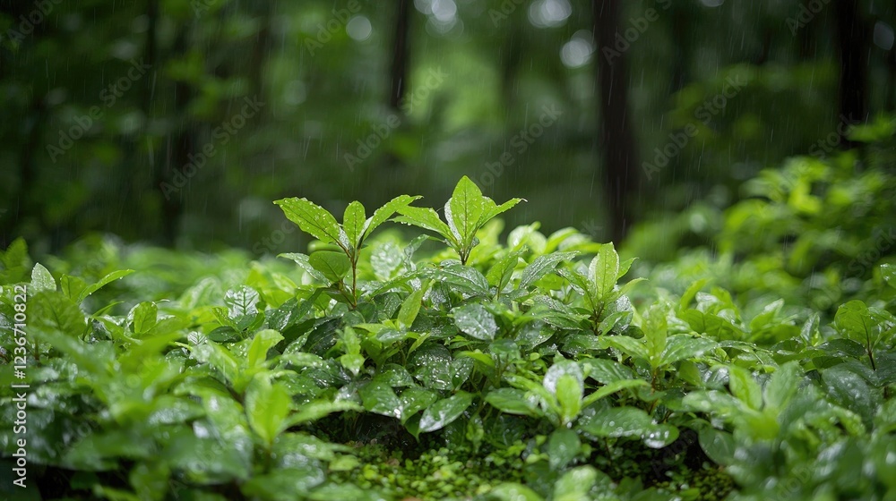Lush green plants in rain, forest background, nature scene, website banner Lush green plants in rain, forest background, nature scene, website banner