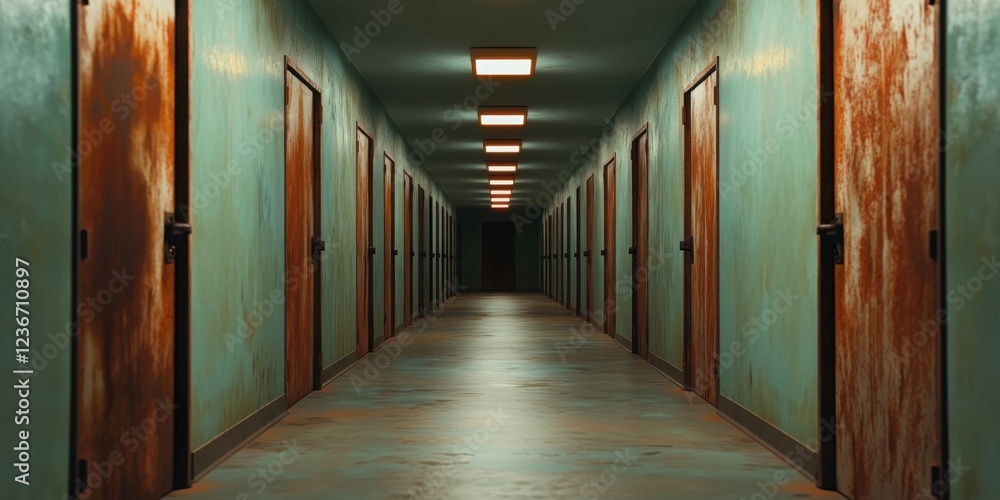 Eerie ruins concept. A dimly lit corridor lined with numerous doors, creating an eerie and mysterious atmosphere, inviting curiosity and perhaps fear. Eerie ruins concept. A dimly lit corridor lined with numerous doors, creating an eerie and mysterious atmosphere, inviting curiosity and perhaps fear.