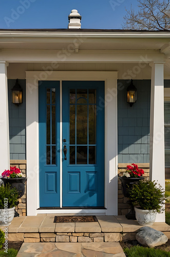 Charming Blue Front Door Home Exterior: A Perfect Blend of Style and Comfort photo