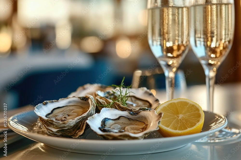 Fototapeta premium A blue plate with oysters on it, with champagne glasses next to them and lemon slices, is set against the backdrop of an elegant restaurant interior.