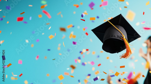 Graduation cap flying amidst colorful confetti in celebration