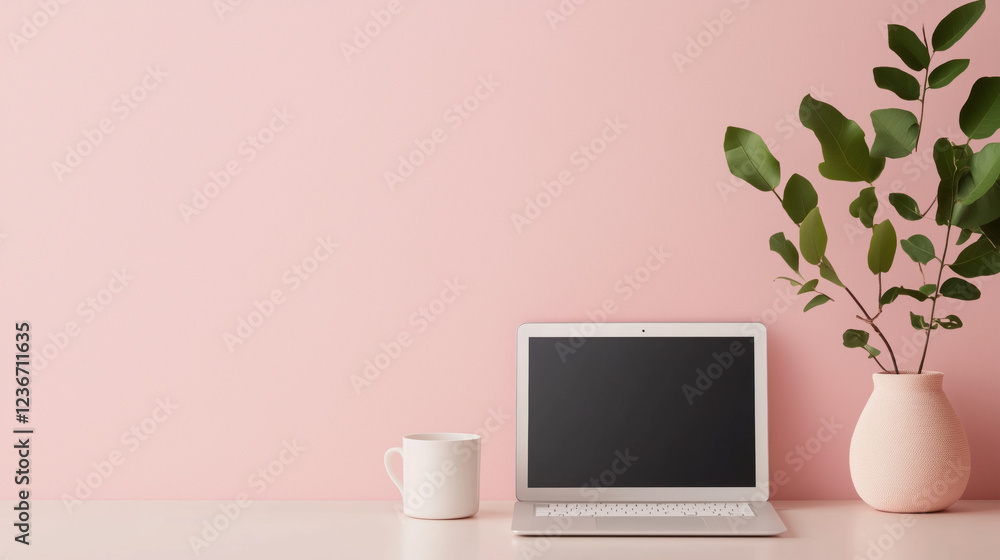 minimal workspace with laptop, cup, and plant against pink wall minimal workspace with laptop, cup, and plant against pink wall