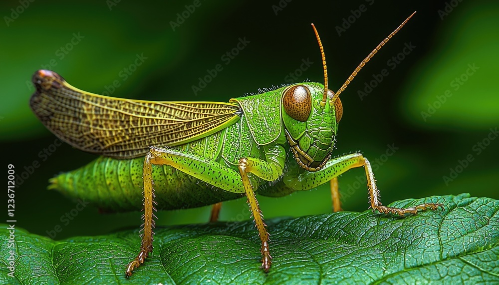 Fototapeta premium Vibrant Green Grasshopper Perched On Lush Leaf
