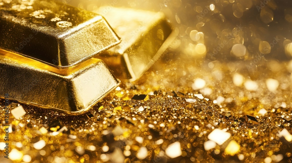 Golden Bars on Shimmering Surface of Sparkling Glitter Golden Bars on Shimmering Surface of Sparkling Glitter
