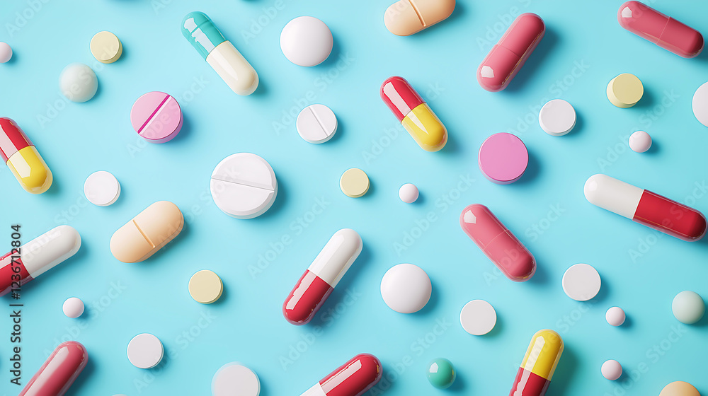 Colorful pills and tablets of various shapes and sizes scattered on a pastel colored background. Medical and pharmaceutical concept Colorful pills and tablets of various shapes and sizes scattered on a pastel colored background. Medical and pharmaceutical concept