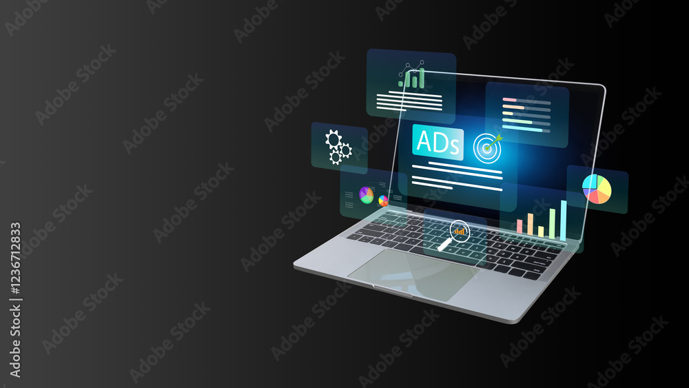Digital marketing commerce online sale concept, laptop computer with Ads dashboard digital marketing strategy analysis for branding, Online advertising concept, Web and social media marketing. Digital marketing commerce online sale concept, laptop computer with Ads dashboard digital marketing strategy analysis for branding, Online advertising concept, Web and social media marketing.