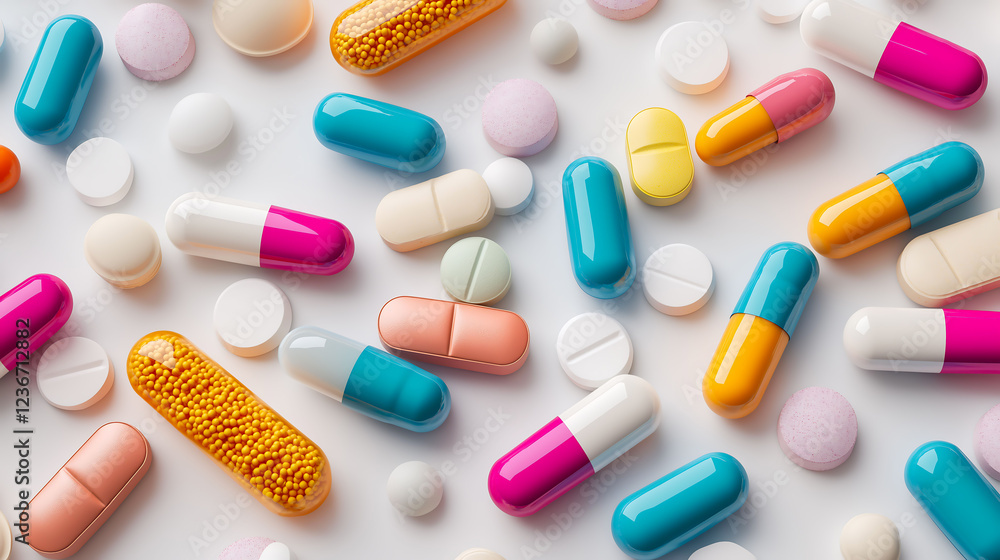 Colorful pills and tablets of various shapes and sizes scattered on a pastel colored background. Medical and pharmaceutical concept Colorful pills and tablets of various shapes and sizes scattered on a pastel colored background. Medical and pharmaceutical concept