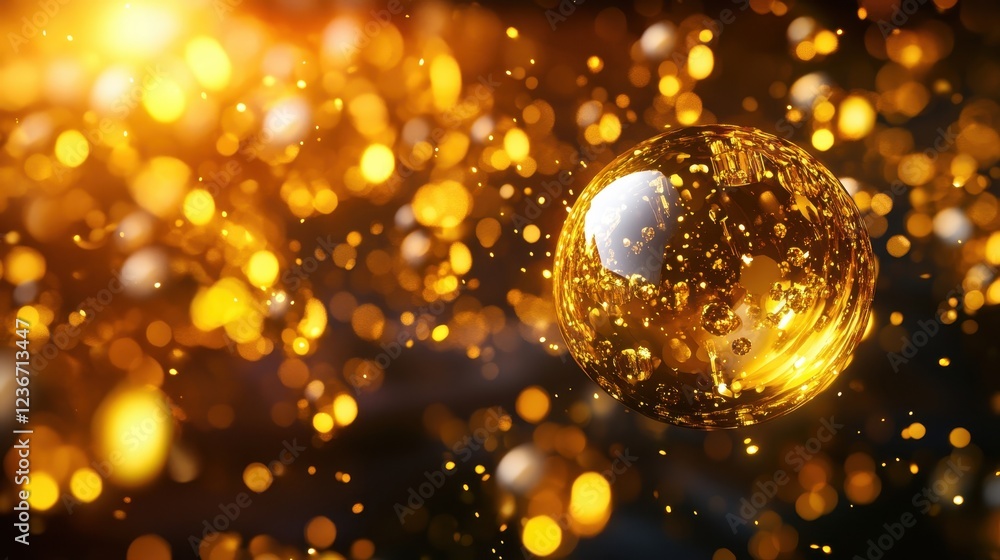 Golden Bubbles with Sparkles in Abstract Background