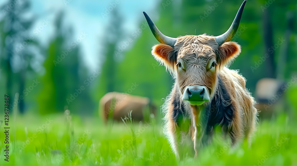 Highland cow gazing in a lush green pasture, forest backdrop; idyllic farm scene for agricultural publications Highland cow gazing in a lush green pasture, forest backdrop; idyllic farm scene for agricultural publications