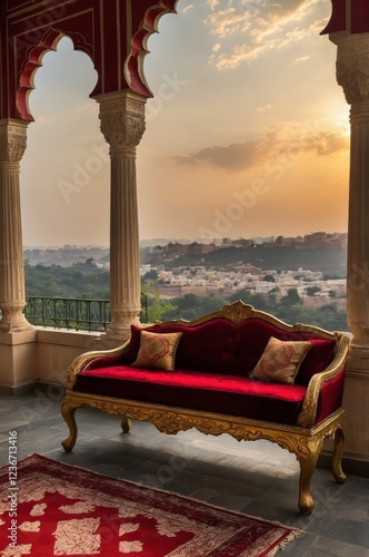 A majestic Indian heritage royal mahal (palace) or resort, showcasing traditional architecture, opulent designs, and regal ambiance. A perfect blend of history, culture, and luxury.