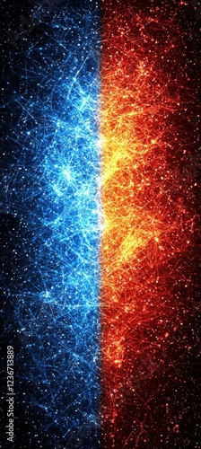 A vibrant cosmic image featuring contrasting blue and orange hues representing elements of cold and heat in a starry background.