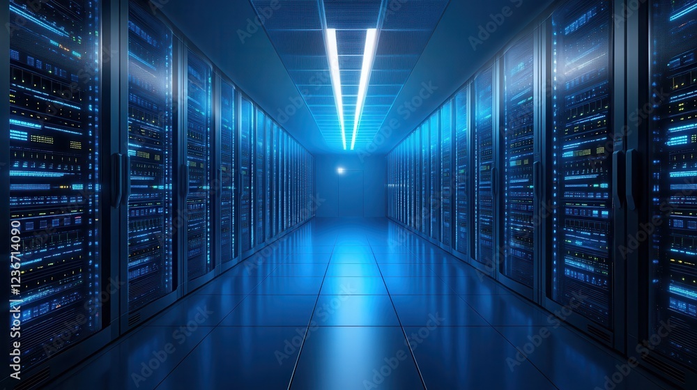 Fototapeta premium Blue abstract neutral glowing big data storage backround for digital technology and medical science with perspective