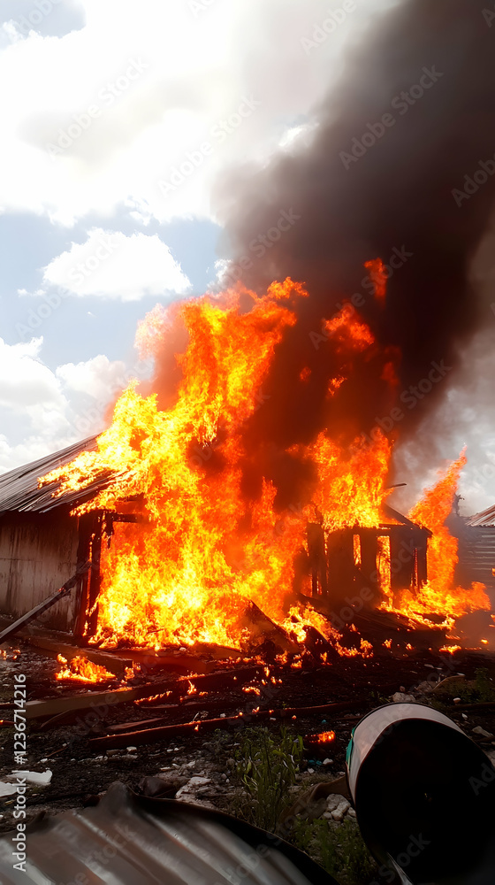 Obraz premium House fire, flames engulfing building, smoke billowing, destruction, emergency response