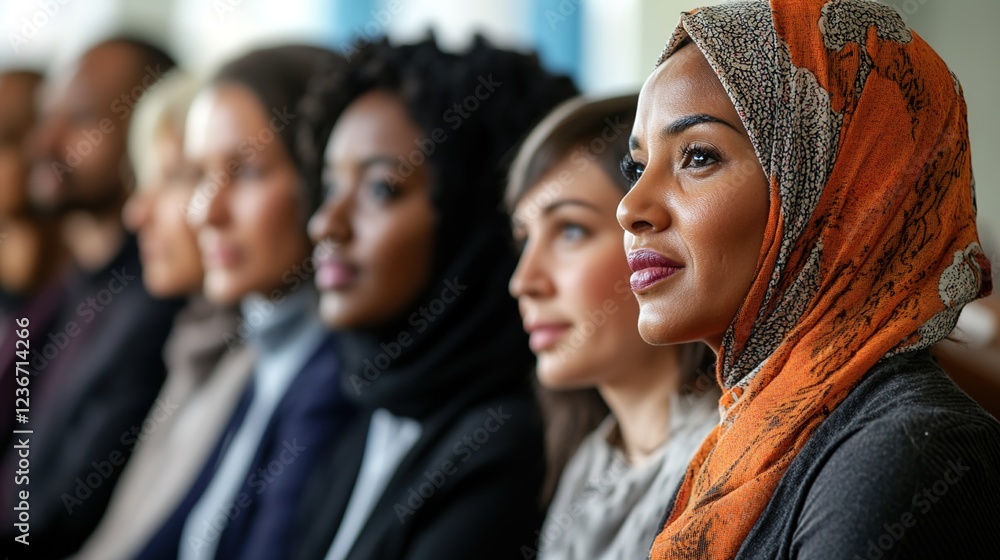 Obraz premium Close-up of a diverse group of people sitting in a row and listening to a speech, with the focus on the person wearing a headscarf.