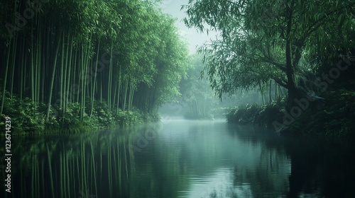 Serene Mist-Shrouded Bamboo Forest Canal: A Tranquil Escape into Nature's Embrace