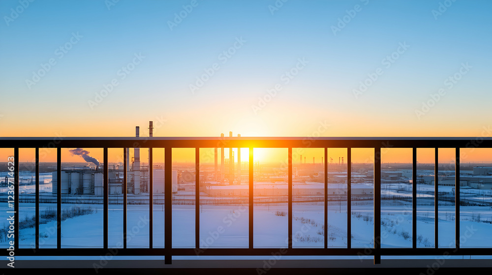 Obraz premium Industrial sunset view from balcony, winter landscape. Website banner or postcard