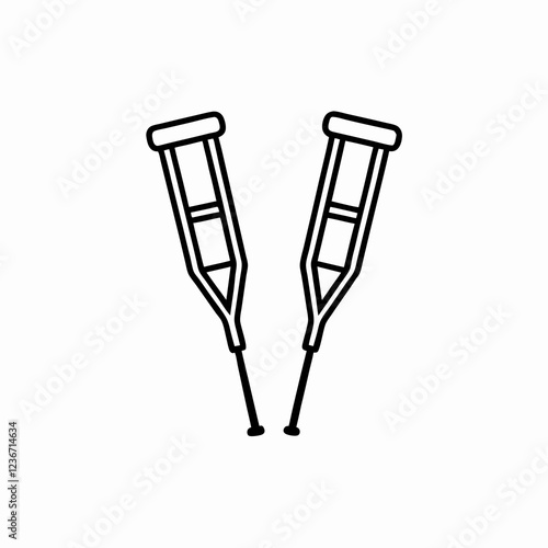 Outline icon of two crutches angled inward, minimal black line on white background. Concepts: medical recovery, orthopedic support, physical rehabilitation, injury aid, healthcare equipment.