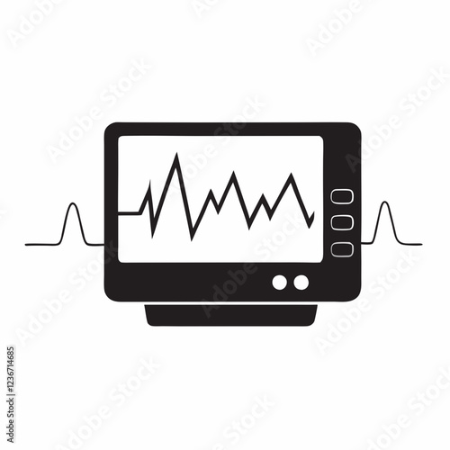 Flat icon of heart rate monitor showing ECG waveform on screen, black and white design. Concepts: medical diagnostics, cardiology, vital signs, hospital tech, patient monitoring, emergency care.