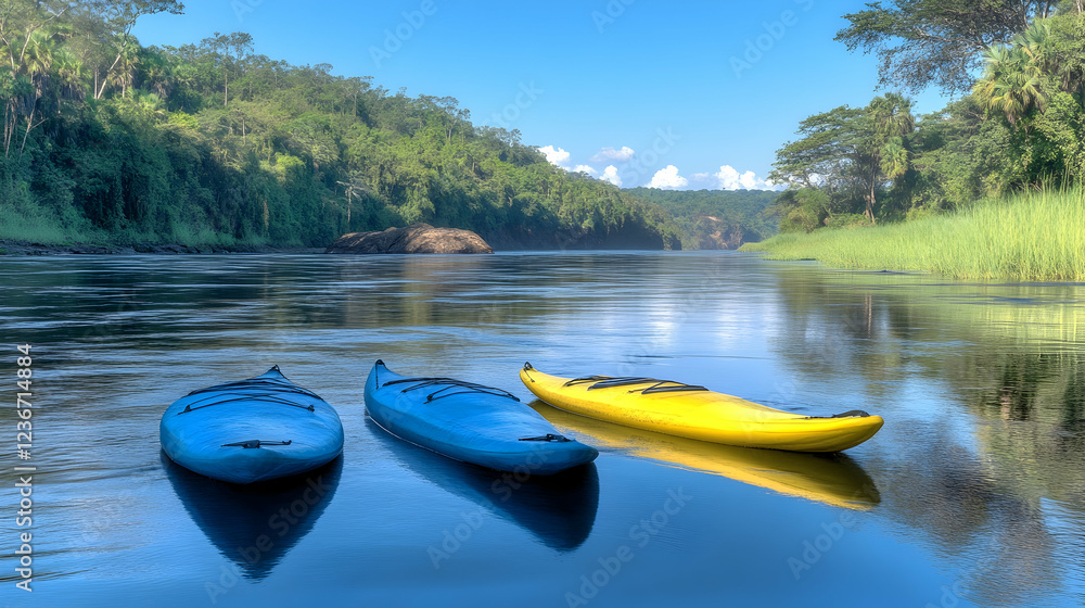 Kayaks on calm river, lush rainforest backdrop, sunny day, adventure tourism Kayaks on calm river, lush rainforest backdrop, sunny day, adventure tourism