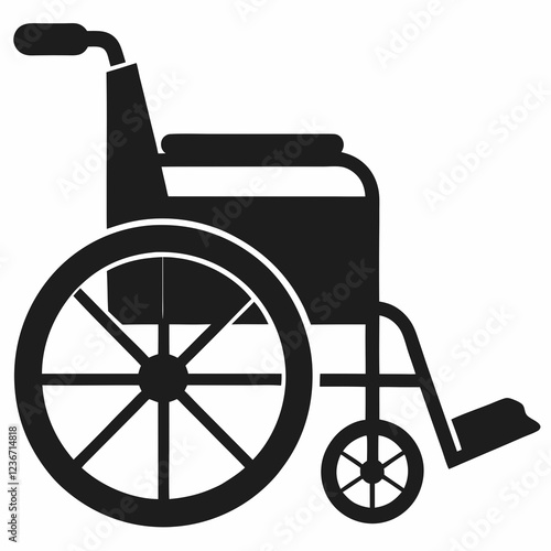 Profile view of manual wheelchair icon in black and white. Simple symbolic representation of mobility aid. Concept of accessibility, disability services, medical equipment.