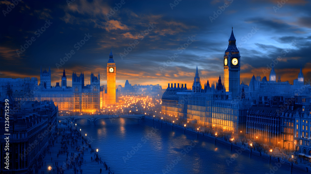 Naklejka premium London cityscape at sunset, Houses of Parliament, Thames River, city lights, tourism