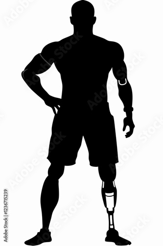 Silhouette of a man with leg prosthesis standing upright, shown in full body profile. Concepts: disability, prosthetic limb, rehabilitation, adaptive athlete, mobility aid, body recovery.