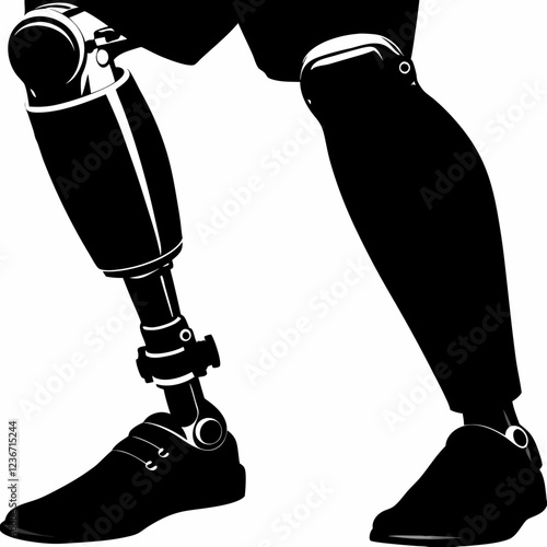 Close-up illustration of mechanical leg prosthesis from knee to foot, black and white icon. Concepts: bionic technology, mobility aid, prosthetic design, modern healthcare.