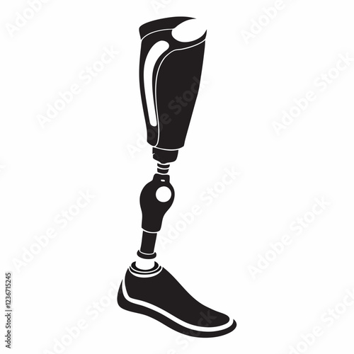 Black and white prosthetic leg illustration showing advanced mobility technology. Modern medical engineering design in minimalist style. Concept of prosthetics, rehabilitation, mobility solutions.