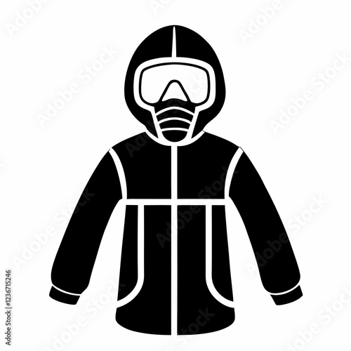 Icon of protective hazmat suit with hood, gloves and boots in black and white. Concepts: biohazard protection, personal safety, infectious disease control, medical isolation.