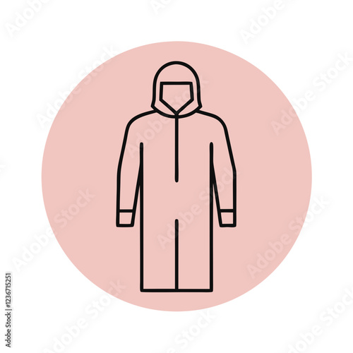 Person in hazmat suit icon on pink circle background, flat style with protective gear outline. Symbol of contamination safety. Concept: biohazard response, medical protection, quarantine.