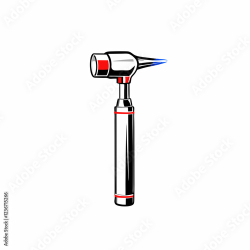 Stylized otoscope medical instrument in metallic grey and red. Professional diagnostic tool illustration. Modern medical setting. Concept of ENT practice, medical equipment, healthcare.