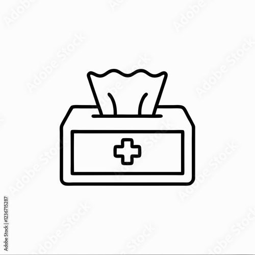 Medical tissue box with plus sign symbol. Healthcare-oriented personal care product illustration. Clinical environment. Concept of medical supplies, first aid, healthcare facilities.