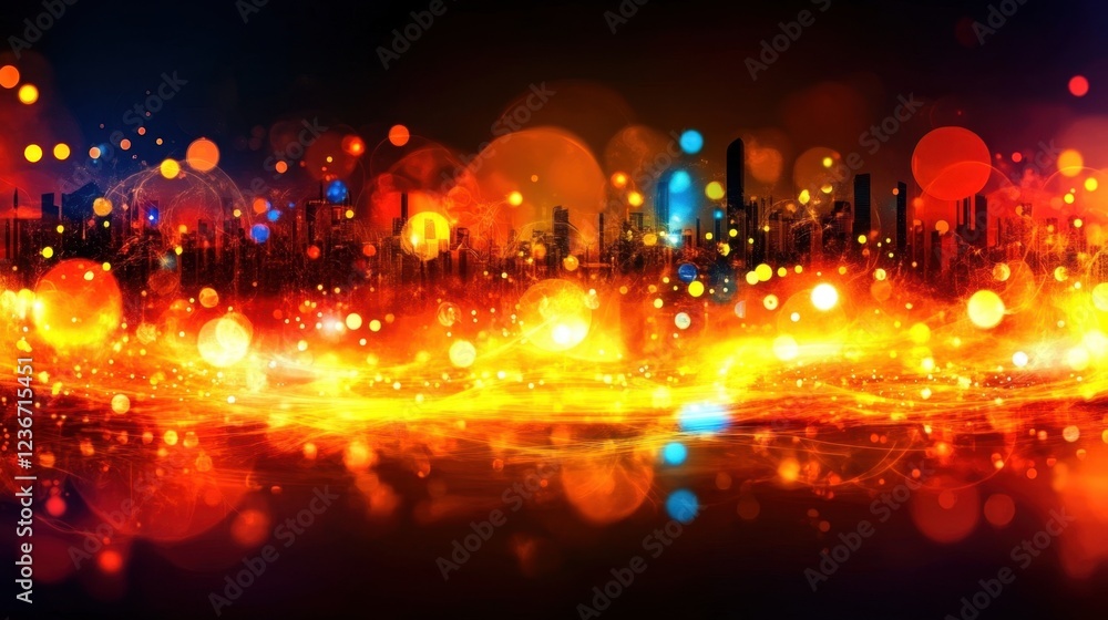 Fototapeta premium Vibrant City Nightscape With Glowing Lights and Warm Hues