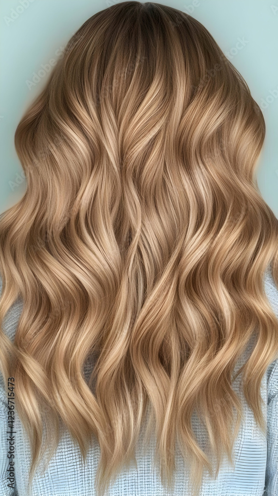 Fototapeta premium Long blonde wavy hair, styled beautifully, against a plain background, for hair care advertising