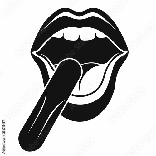 Black and white illustration of oral examination with tongue depressor. Graphic medical drawing showing open mouth during checkup. Concept of dental care, medical examination, oral health.