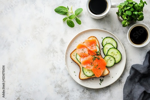 Open-faced sandwich on a plate with slices of salmon and cucumber, a cup of coffee, a green plant in a pot, a minimalistic light grey background photo