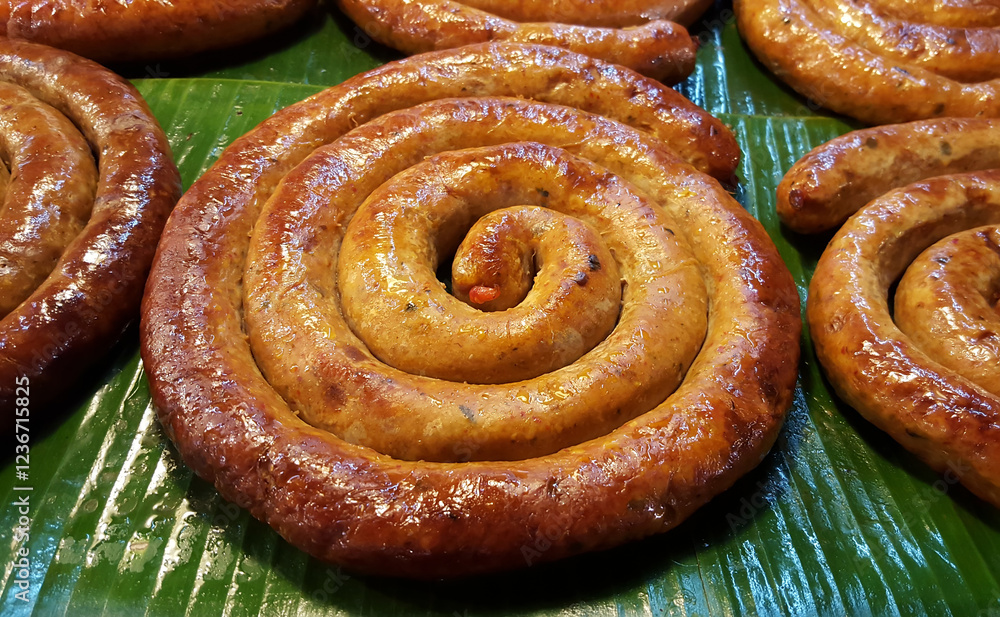 Fototapeta premium Close Up Thai Sausage on banana leaf