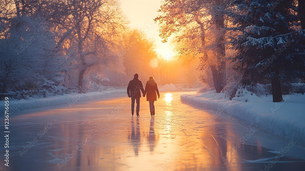 Romantic ice skating outing on a frozen lake surrounded by snow-covered trees – Generative AI Romantic ice skating outing on a frozen lake surrounded by snow-covered trees – Generative AI