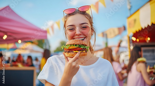 stylish hipster woman holding juicy burger and eating boho girl biting hamburger smiling at street food festival summertime summer vacation travel space for text. with copy space image photo