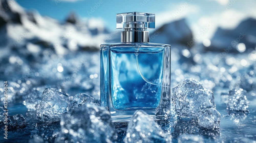 Blue perfume bottle on ice, snowy mountain backdrop Blue perfume bottle on ice, snowy mountain backdrop