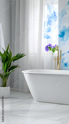 Modern bathroom interior with bathtub, plant, and floral wall decor.  Relaxing spa atmosphere for home design blogs photo