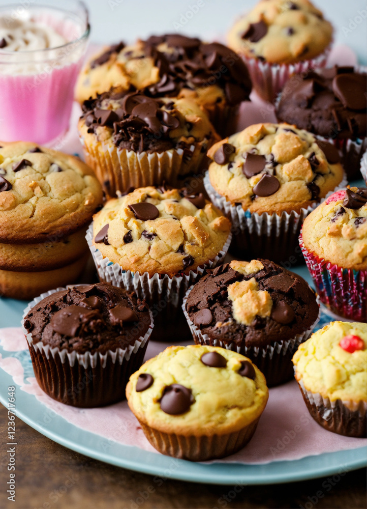 chocolate chip muffins, cupcakes with chocolate, chocolate chip cupcakes and cookies on the table chocolate chip muffins, cupcakes with chocolate, chocolate chip cupcakes and cookies on the table